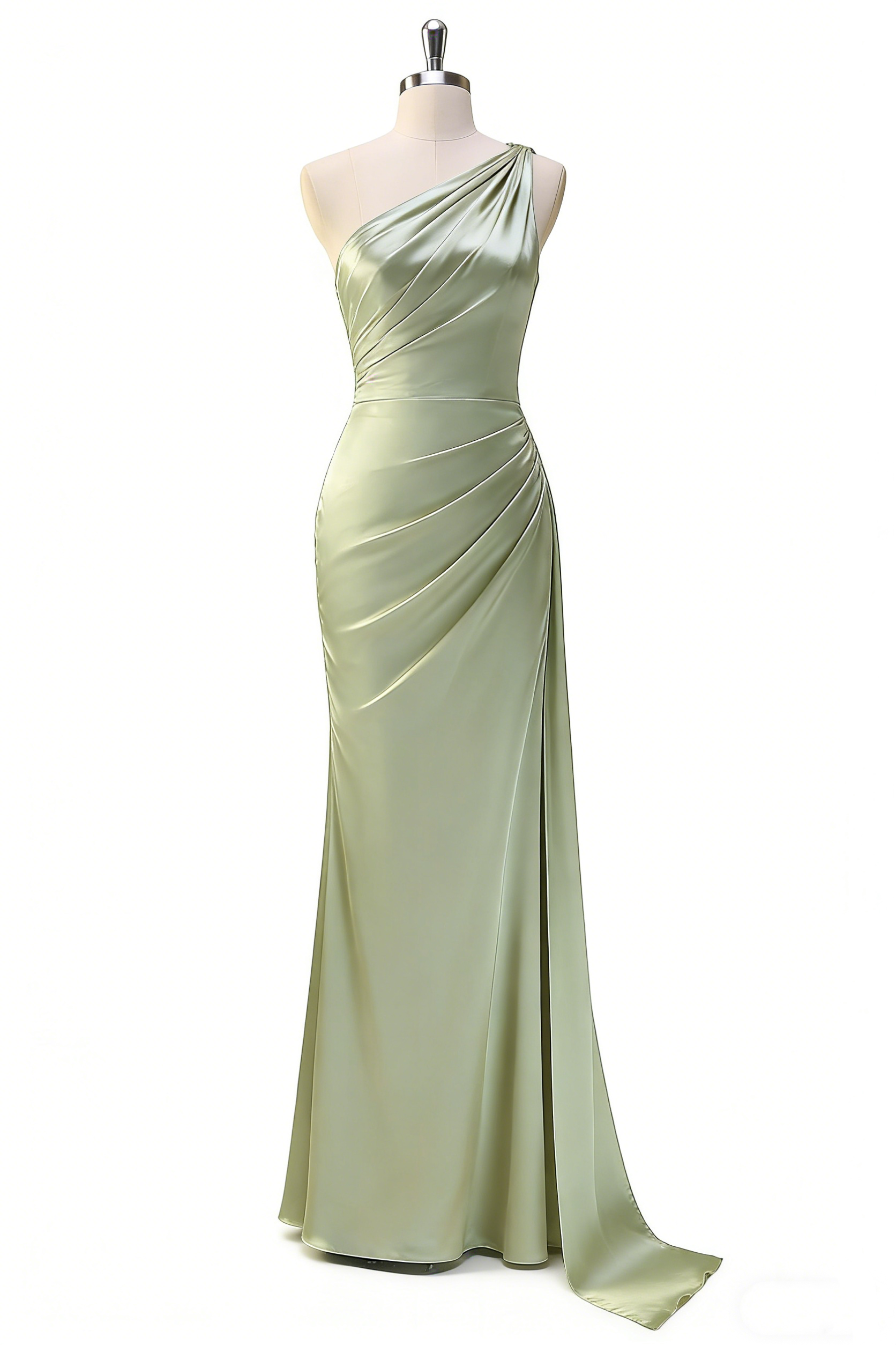 Exquisites One-Shoulder Abendkleid in Salbei – Satin- Meerjungfrau-Stil mit Beinschlitz