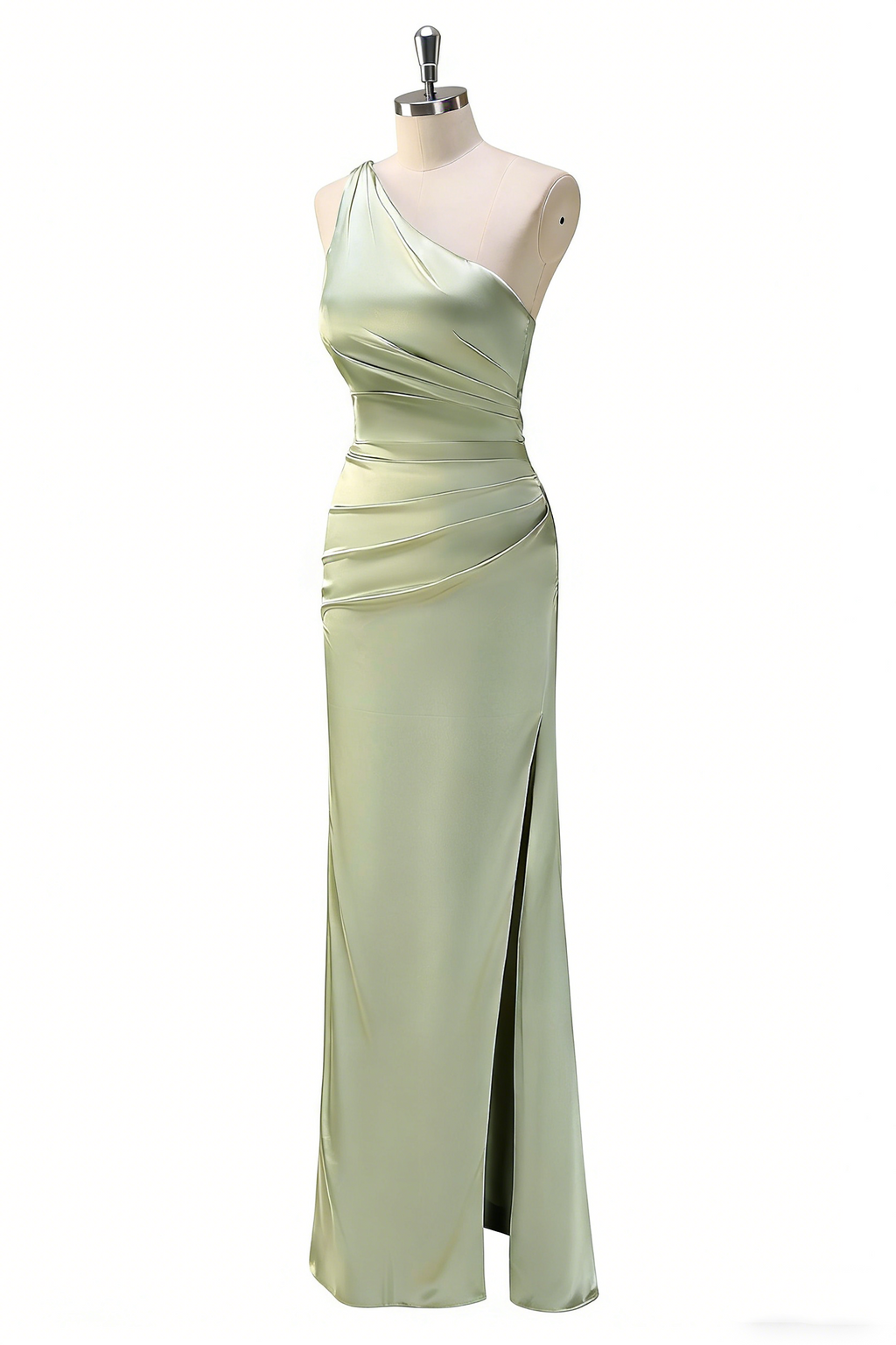 Exquisites One-Shoulder Abendkleid in Salbei – Satin- Meerjungfrau-Stil mit Beinschlitz
