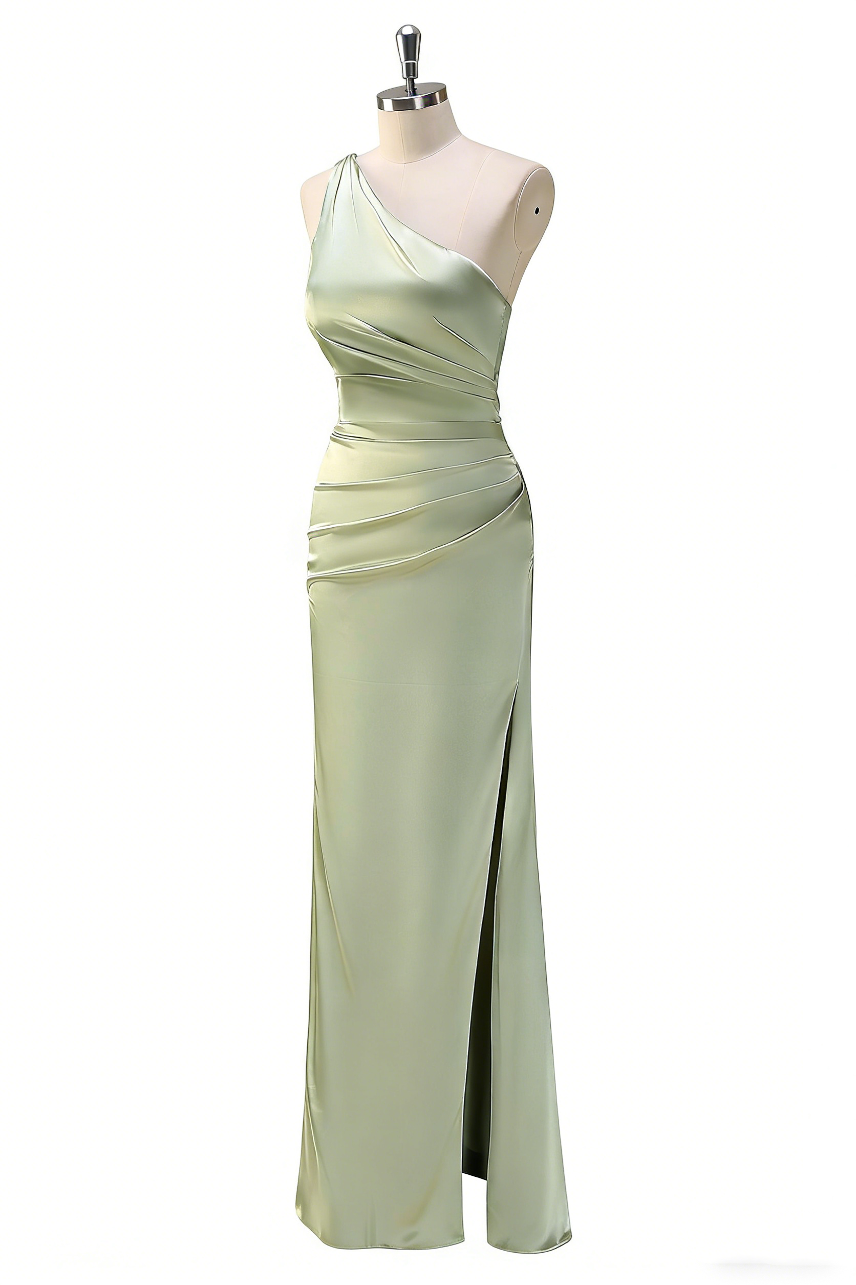 Exquisites One-Shoulder Abendkleid in Salbei – Satin- Meerjungfrau-Stil mit Beinschlitz