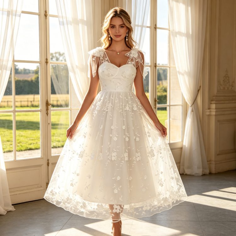 Romantisches Midikleid-Abendkleid mit Floral-Stickerei - Verspielte Schleifenträger - Elfenbein