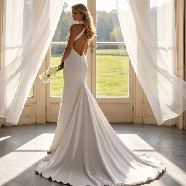Hochgeschlossene Abendrobe mit Rückenausschnitt – Schmal geschnittenes Kleid mit Schleppe