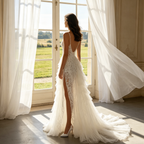 Traumhaftes Maxikleid in fließendem Design – A-Linien-Modell aus Tüll mit filigranen Spaghetti-Trägern, verspielten Rüschen und modernem Beinschlitz