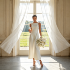 Exklusives Abendkleid in strahlendem Weiß – Elegantes A-Linien-Modell aus fließendem Satin mit modernem Bootsausschnitt und zeitloser Silhouette