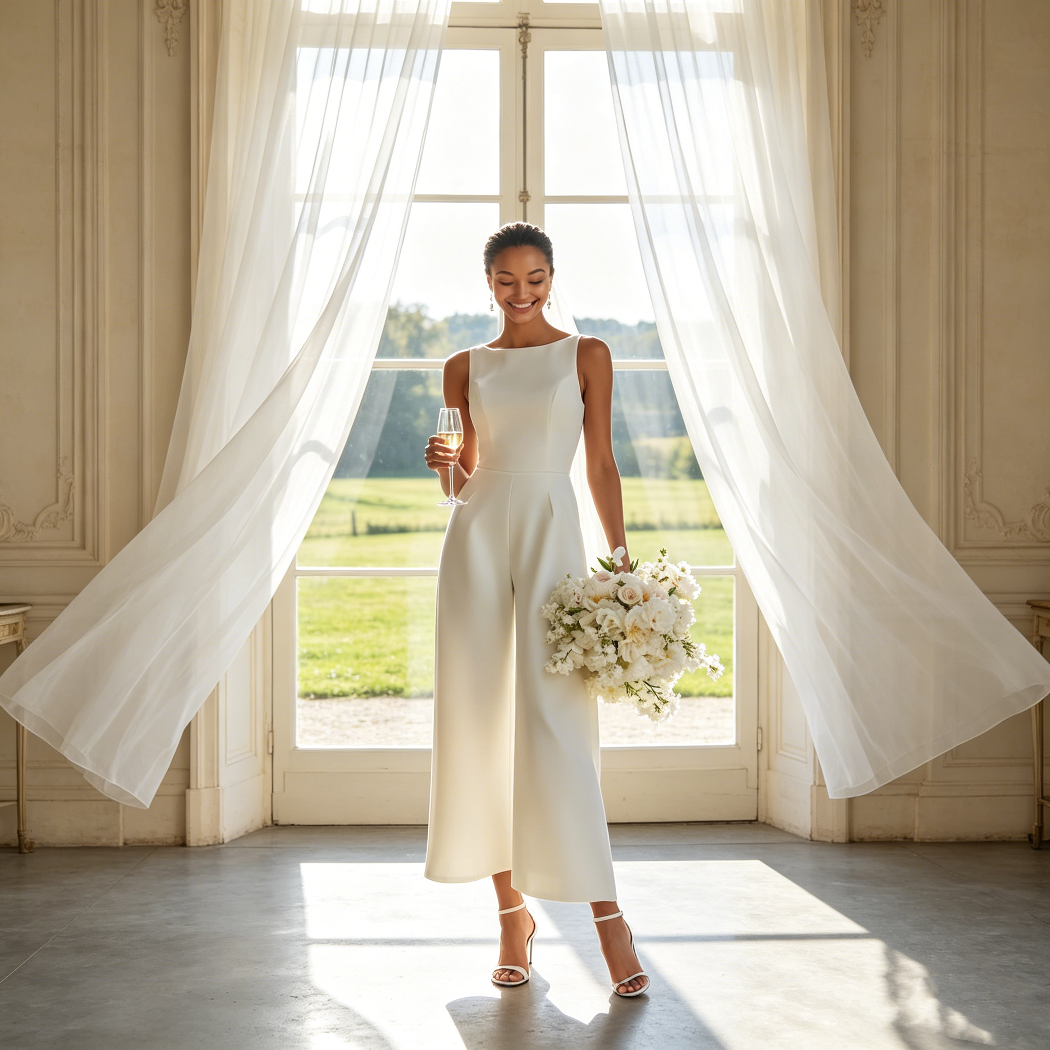Exklusives Abendkleid in strahlendem Weiß – Elegantes A-Linien-Modell aus fließendem Satin mit modernem Bootsausschnitt und zeitloser Silhouette