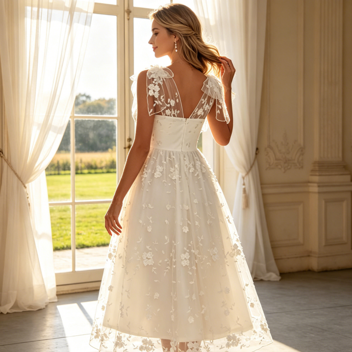 Romantisches Midikleid-Abendkleid mit Floral-Stickerei - Verspielte Schleifenträger - Elfenbein
