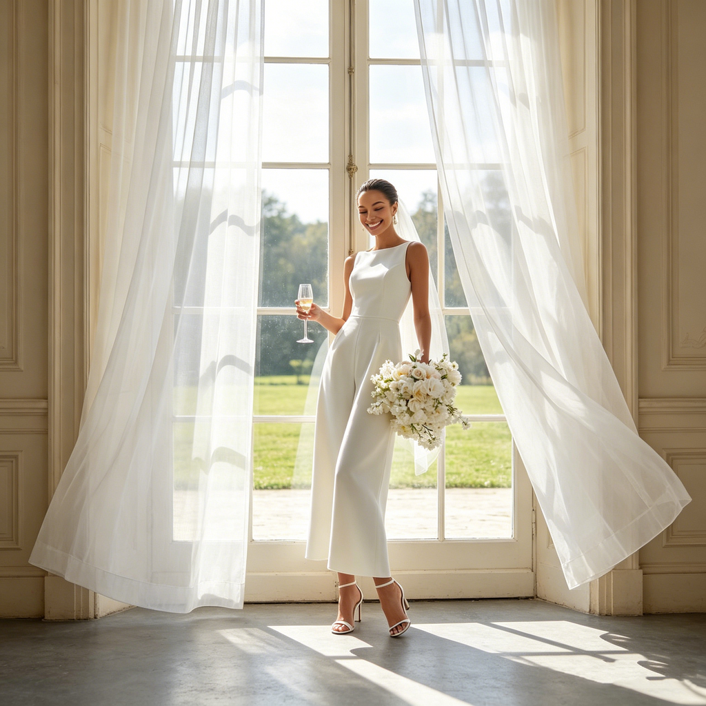 Exklusives Abendkleid in strahlendem Weiß – Elegantes A-Linien-Modell aus fließendem Satin mit modernem Bootsausschnitt und zeitloser Silhouette