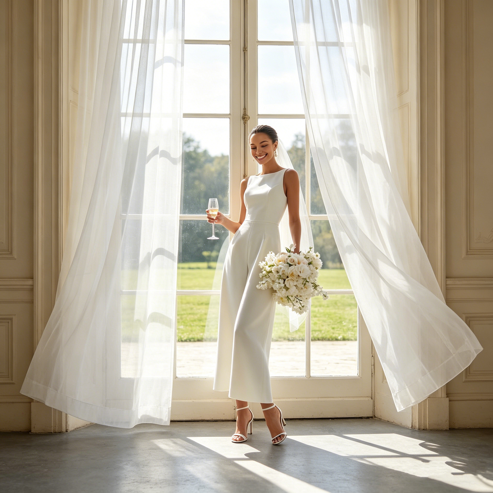 Exklusives Abendkleid in strahlendem Weiß – Elegantes A-Linien-Modell aus fließendem Satin mit modernem Bootsausschnitt und zeitloser Silhouette