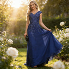 Edles Abendkleid Königsblau mit Spitzen-Applikationen und Pailletten Bodenlang