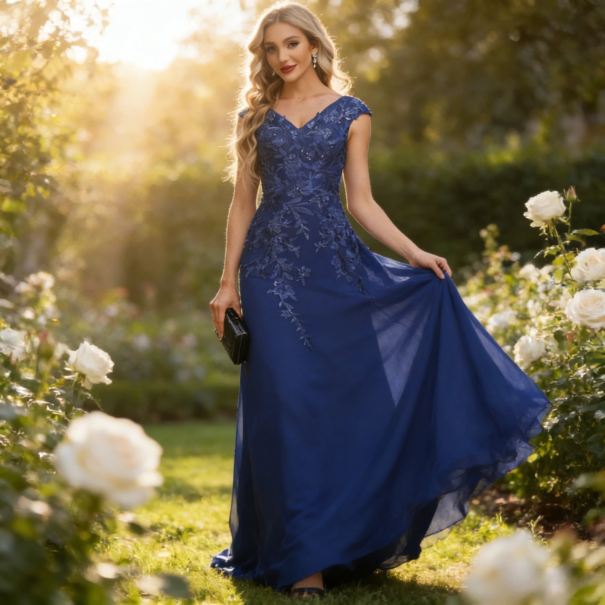 Edles Abendkleid Königsblau mit Spitzen-Applikationen und Pailletten Bodenlang