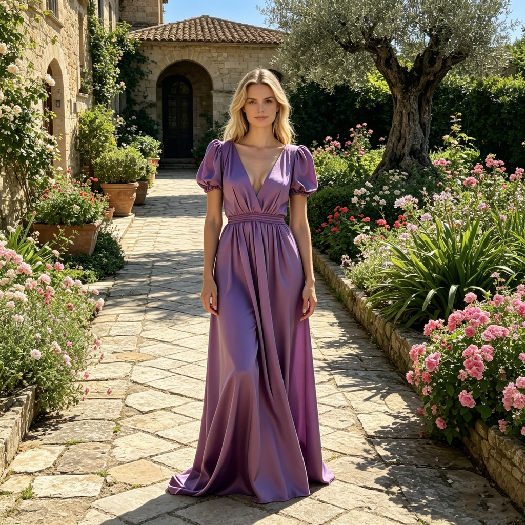 Romantisches A-Linien Maxikleid in Flieder – Elegantes Puffärmeln und tiefem Rückenausschnitt