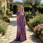 Romantisches A-Linien Maxikleid in Flieder – Elegantes Puffärmeln und tiefem Rückenausschnitt