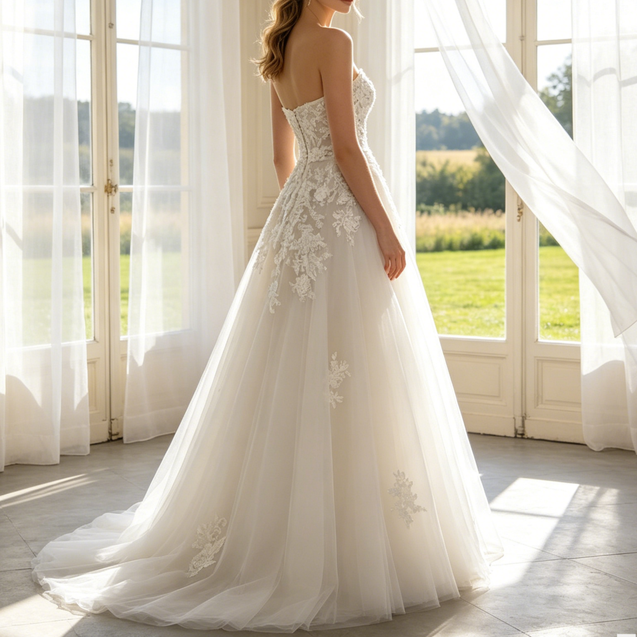 Exklusives Maxikleid in strahlendem Weiß – Elegantes A-Linien-Modell mit kunstvollen Applikationen und zeitloser Silhouette