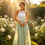 Exquisites Abendkleid in Navyblau mit floraler Pailletten-Stickerei und weitem Tüllrock