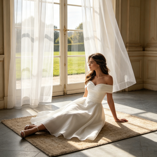 Damen Midi Cocktailkleid Weiß Off-Shoulder A-Linie für Formelle Anlässe