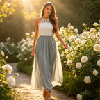 Elegantes Abendkleid in Grau und Weiß mit Neckholder und Spitzen-Oberteil