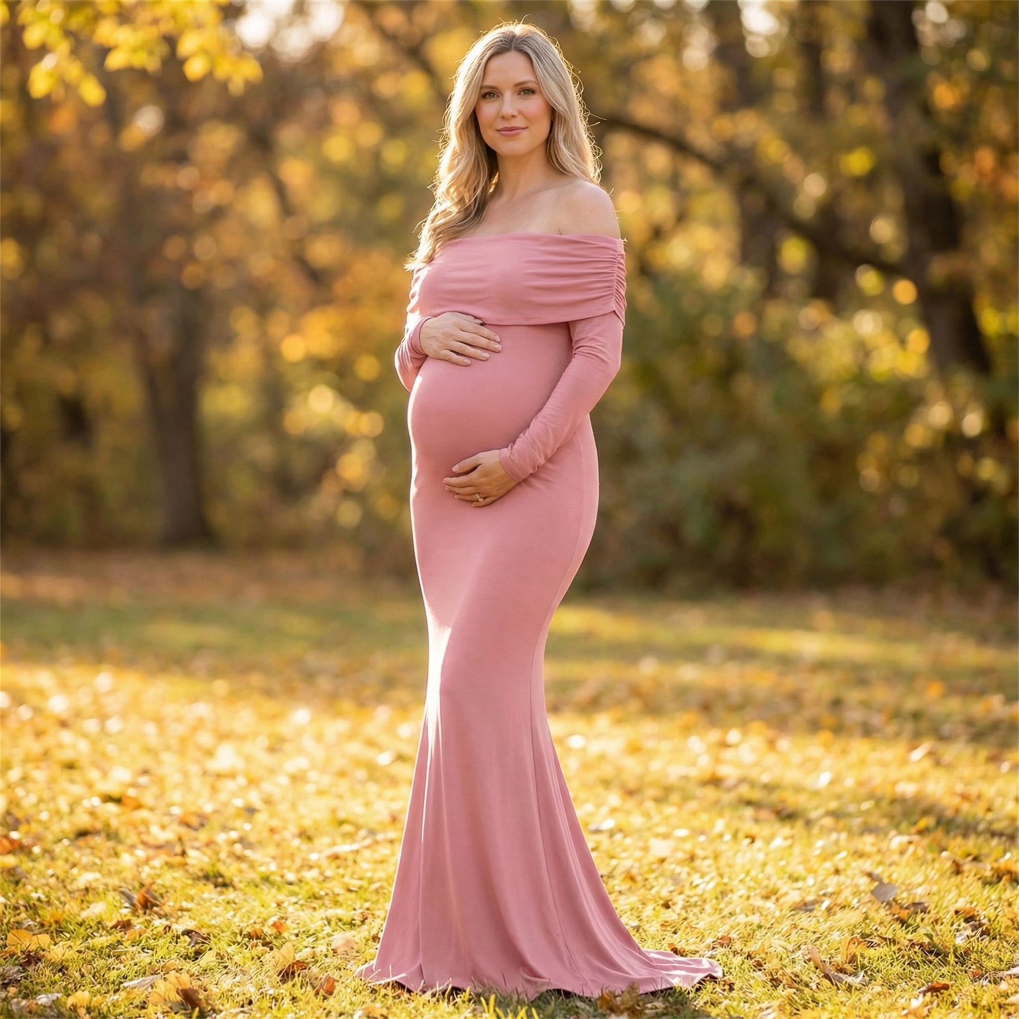 Elegantes Maxi-Kleid mit Langarm-Off-Shoulder-Design – Figurbetontes Fotoshooting-Kleid im Fischschwanz-Stil für stilvolle Fotografie