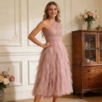 Traumhaftes Cocktailkleid Altrosa One-Shoulder mit voluminösem Tüllrock Midi