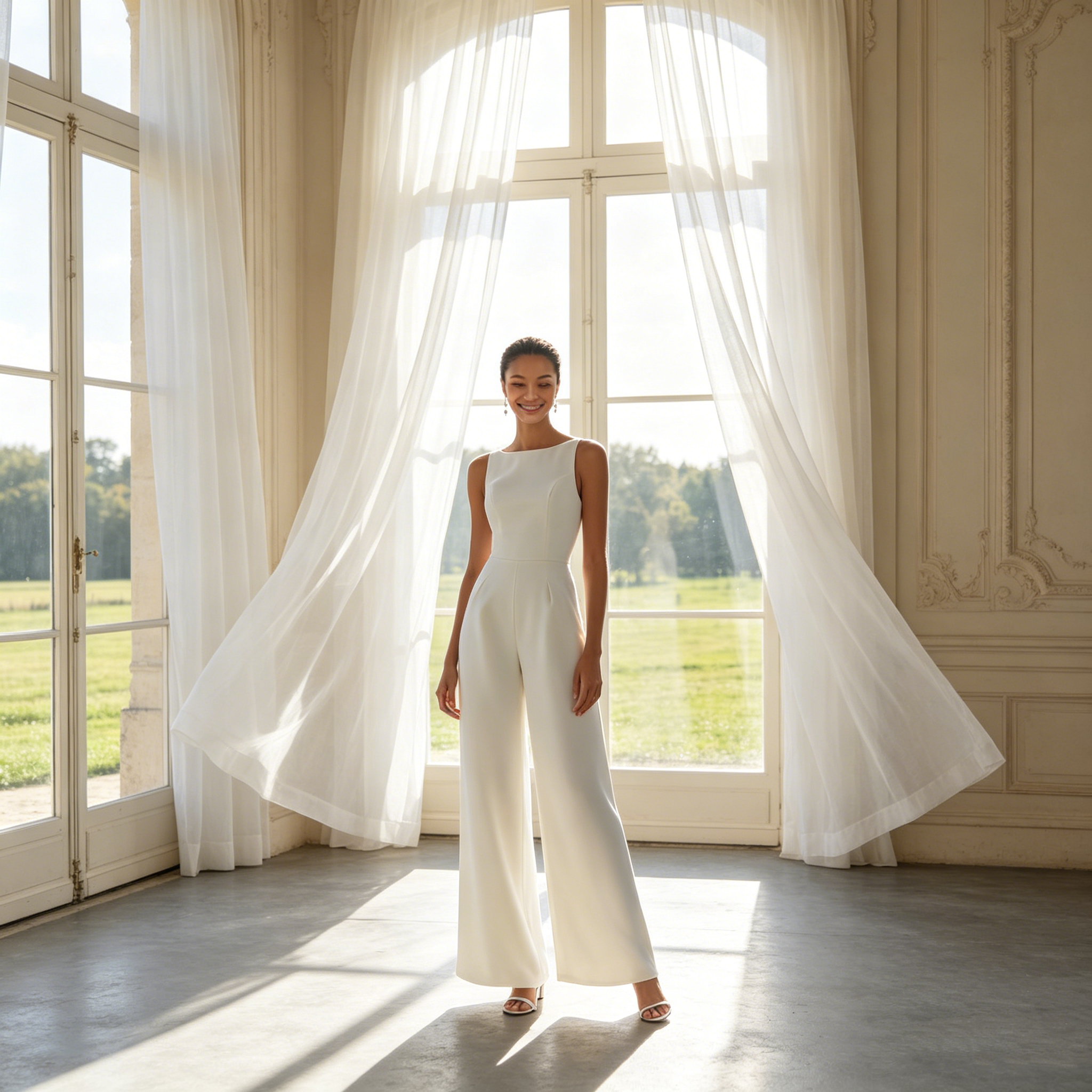 Exklusives Abendkleid in strahlendem Weiß – Elegantes A-Linien-Modell aus fließendem Satin mit modernem Bootsausschnitt und zeitloser Silhouette