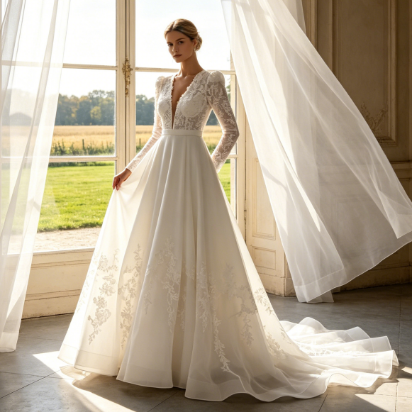 Bodenlanges Abendkleid - Elegante Meerjungfrau-Silhouette mit Spitze - Elfenbein