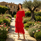 Elegantes A-Linien Maxikleid in Rot – Schulterfreies Chiffon-Kleid mit feiner Plissierung und Stufen-Optik