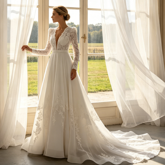 Bodenlanges Abendkleid - Elegante Meerjungfrau-Silhouette mit Spitze - Elfenbein