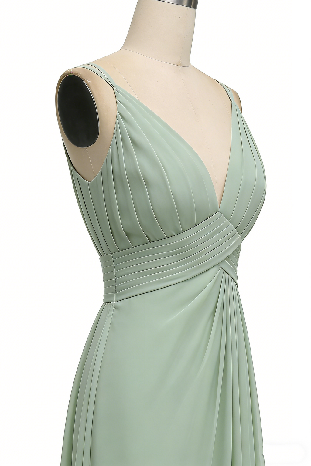 Elegantes Plissee-Maxikleid in Dusty Sage – A-Linie Chiffon-Spaghettiträgern