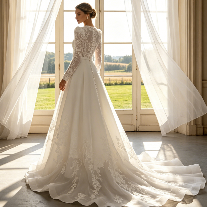 Bodenlanges Abendkleid - Elegante Meerjungfrau-Silhouette mit Spitze - Elfenbein