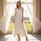 Elegantes High-Low Abendkleid mit Flatterärmeln - Filigrane Spitzenapplikationen - Elfenbein