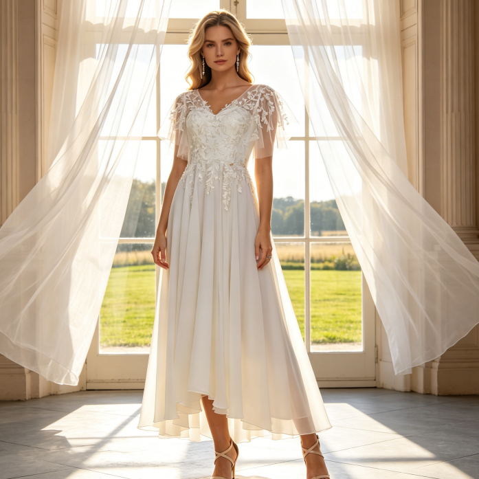 Elegantes High-Low Abendkleid mit Flatterärmeln - Filigrane Spitzenapplikationen - Elfenbein