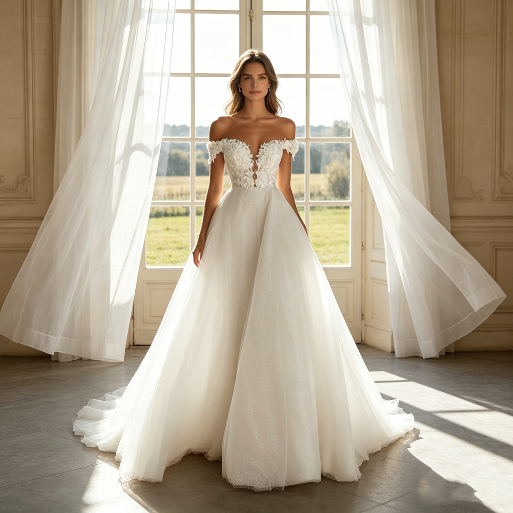 Exklusives Maxikleid in Elfenbein – Glamouröses A-Linien-Modell mit funkelnden Akzenten, schulterfreiem Design und kunstvollen Applikationen