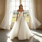 Exklusives Maxikleid in Elfenbein – Glamouröses A-Linien-Modell mit funkelnden Akzenten, schulterfreiem Design und kunstvollen Applikationen