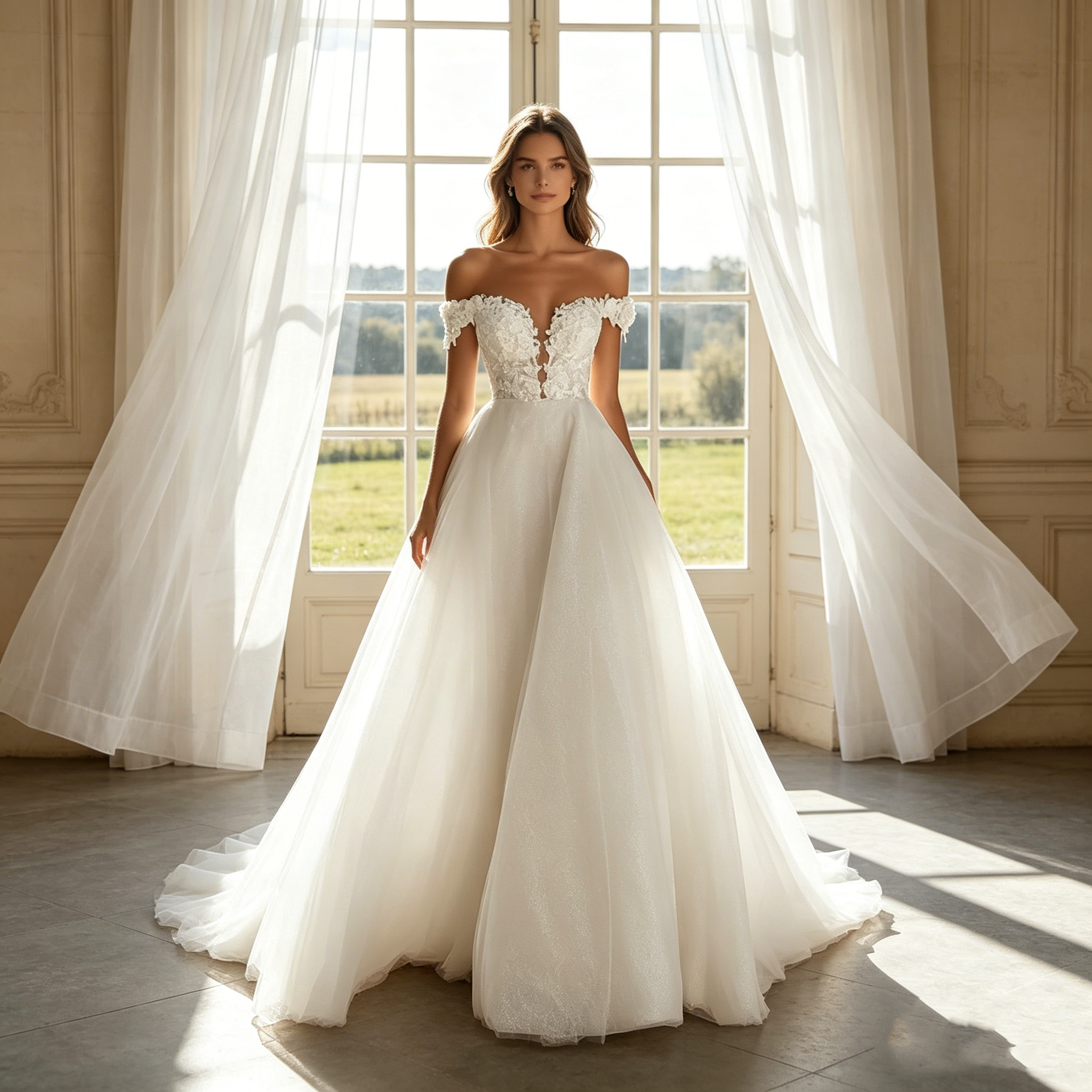 Exklusives Maxikleid in Elfenbein – Glamouröses A-Linien-Modell mit funkelnden Akzenten, schulterfreiem Design und kunstvollen Applikationen