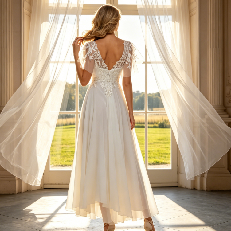 Elegantes High-Low Abendkleid mit Flatterärmeln - Filigrane Spitzenapplikationen - Elfenbein