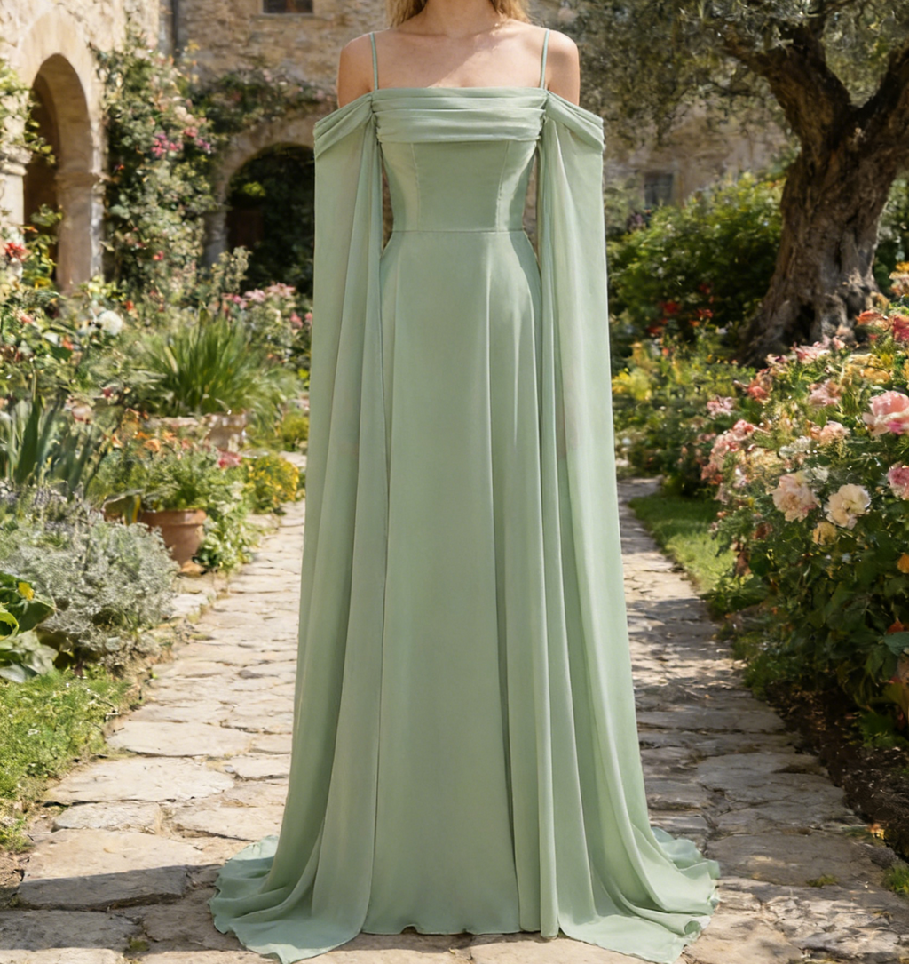Elegantes hellgrünes Chiffon-Maxikleid – A-Linie Cold-Shoulder-Design und abnehmbaren Ärmeln