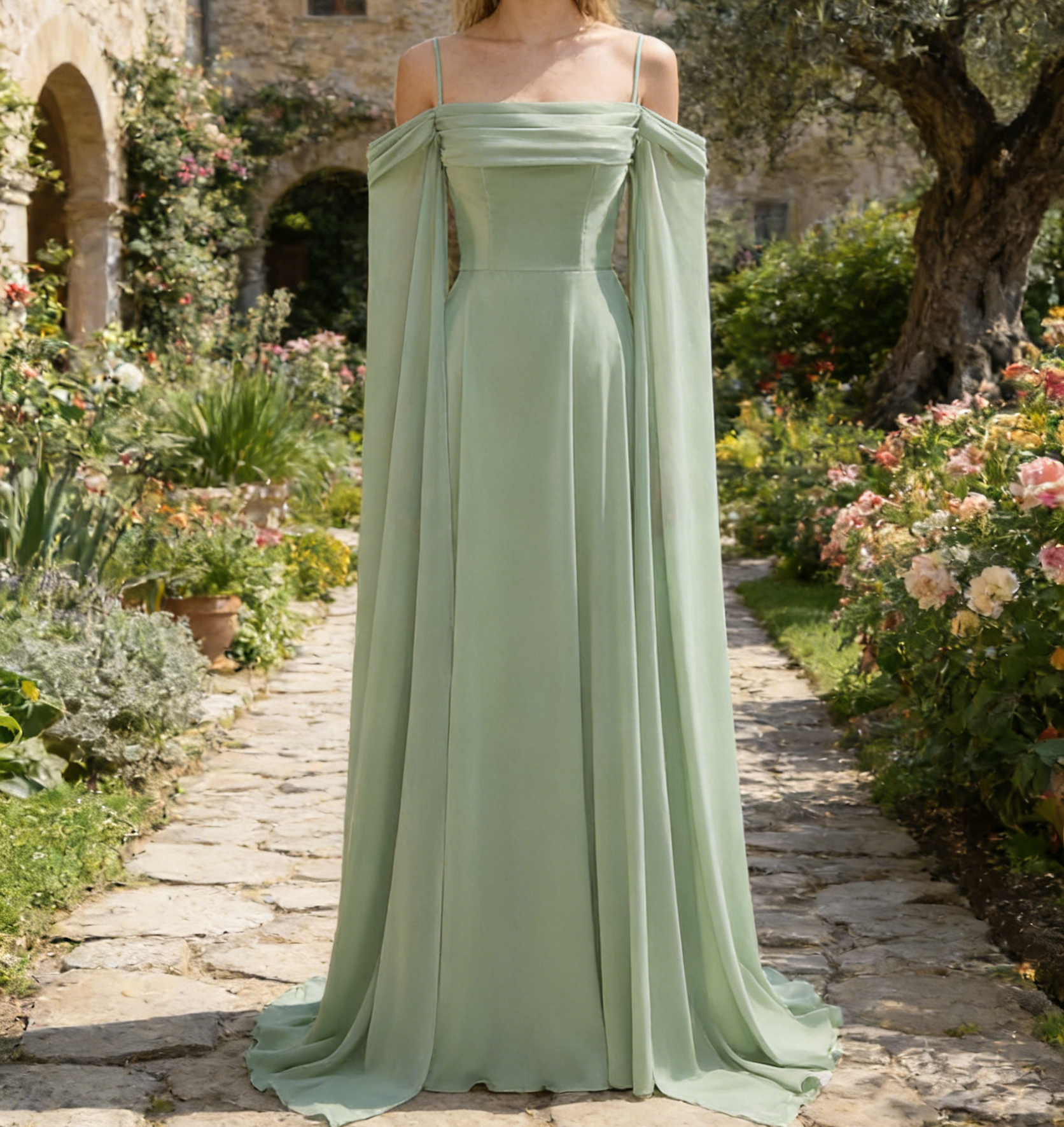 Elegantes hellgrünes Chiffon-Maxikleid – A-Linie Cold-Shoulder-Design und abnehmbaren Ärmeln