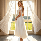 Elegantes High-Low Abendkleid mit Flatterärmeln - Filigrane Spitzenapplikationen - Elfenbein