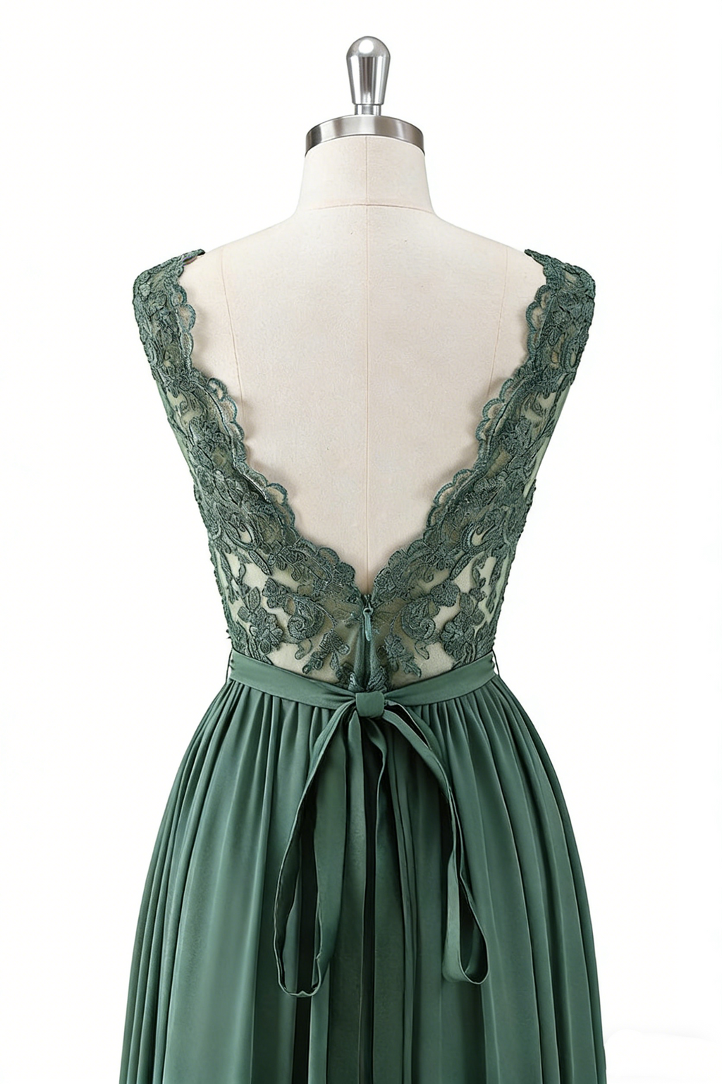 Elegantes Eukalyptus-Maxikleid in A-Linie – Spitze und Beinschlitz