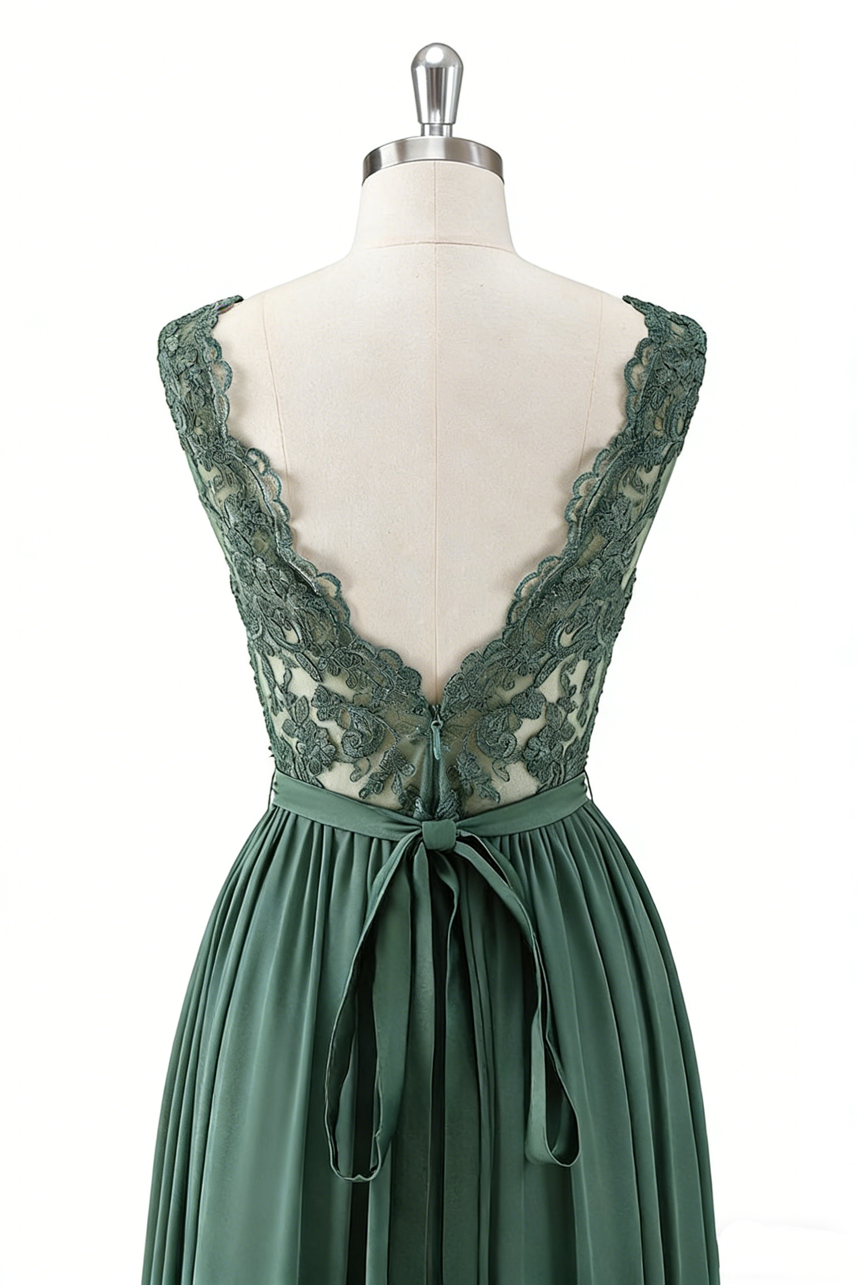 Elegantes Eukalyptus-Maxikleid in A-Linie – Spitze und Beinschlitz