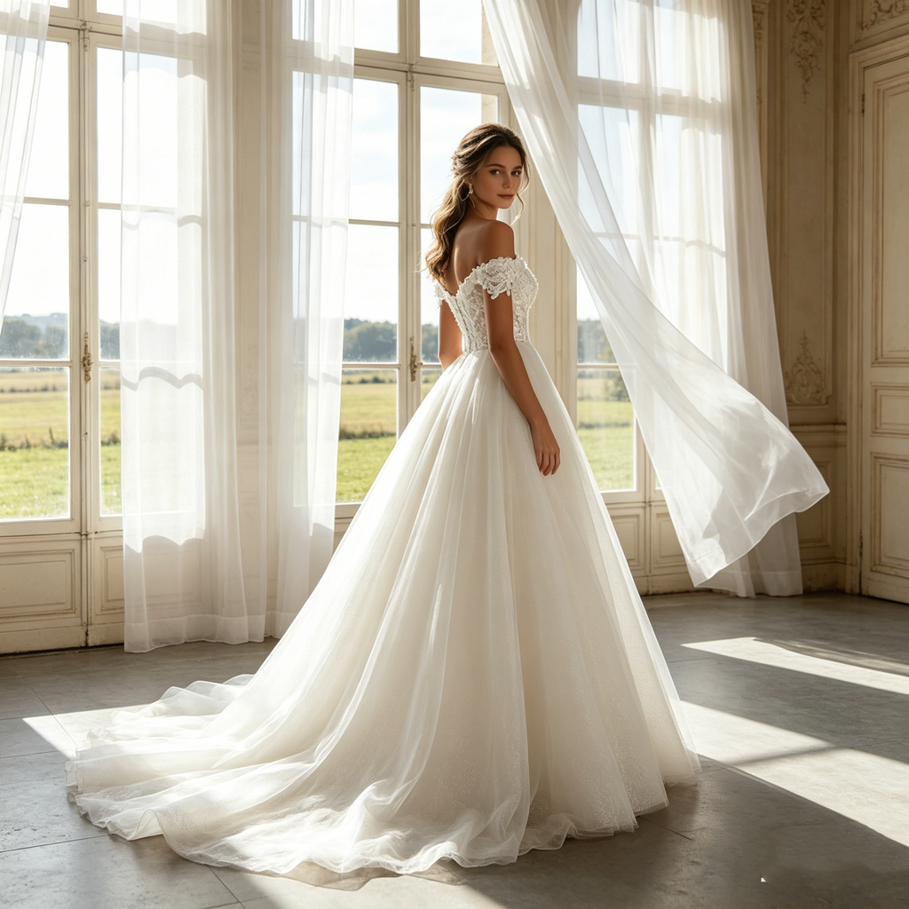 Exklusives Maxikleid in Elfenbein – Glamouröses A-Linien-Modell mit funkelnden Akzenten, schulterfreiem Design und kunstvollen Applikationen