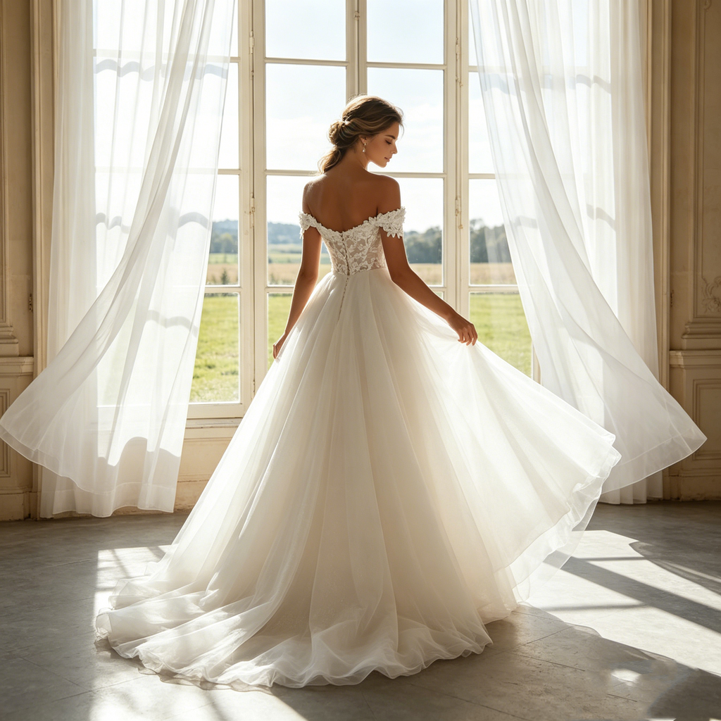 Exklusives Maxikleid in Elfenbein – Glamouröses A-Linien-Modell mit funkelnden Akzenten, schulterfreiem Design und kunstvollen Applikationen