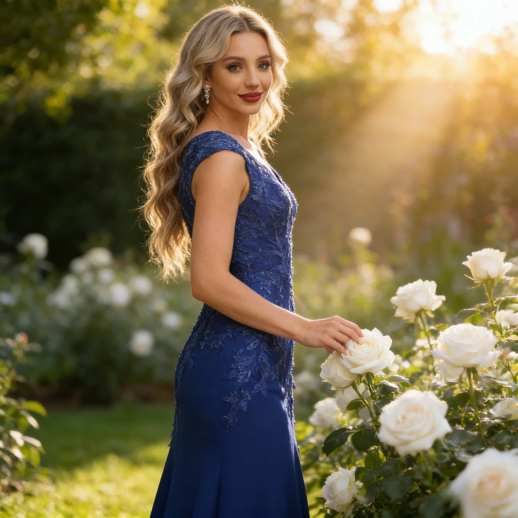 Edles Abendkleid Königsblau mit Spitzen-Applikationen und Pailletten Bodenlang
