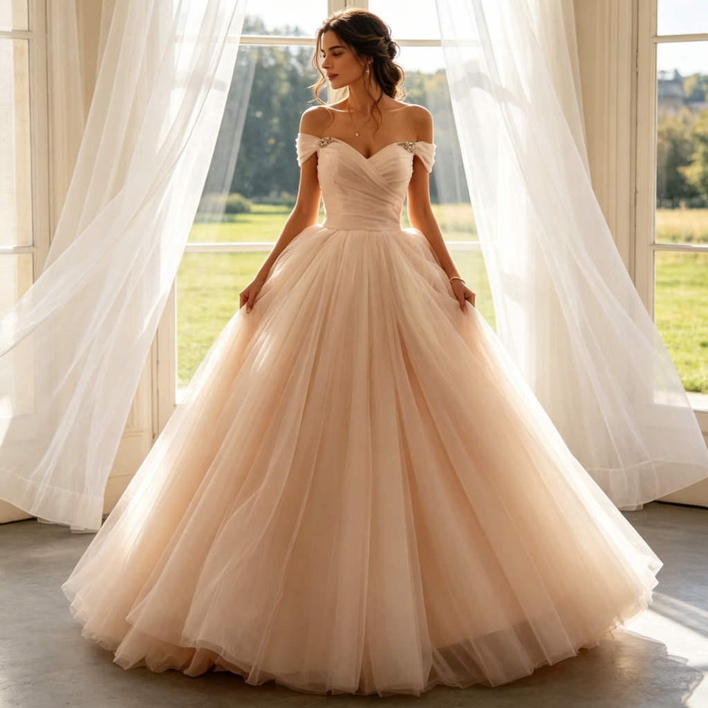 Damen Bodenlanges Abendkleid Champagne Off-Shoulder Tüll-Ballkleid mit Herz-Ausschnitt