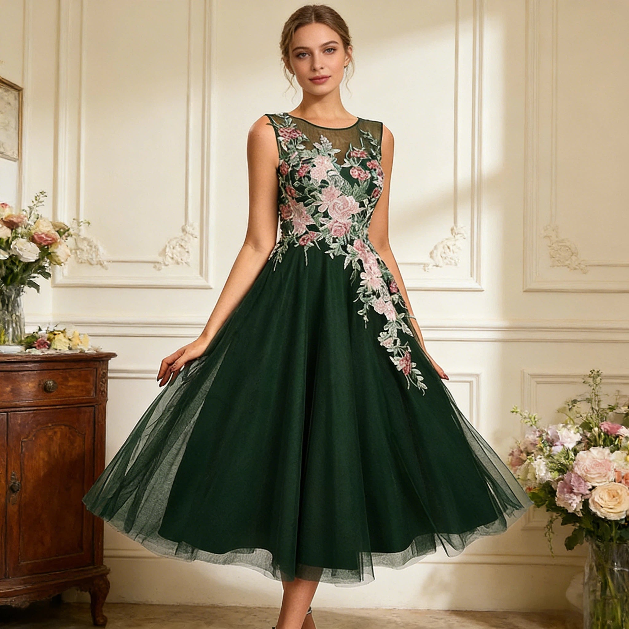 Traumhaftes Cocktailkleid Dunkelgrün mit floraler Stickerei und voluminösem Tüllrock