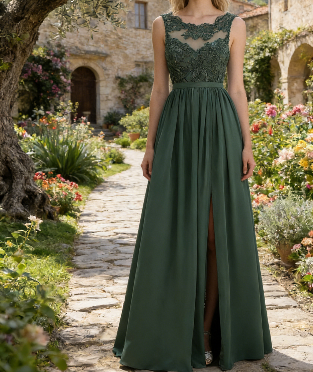 Elegantes Eukalyptus-Maxikleid in A-Linie – Spitze und Beinschlitz