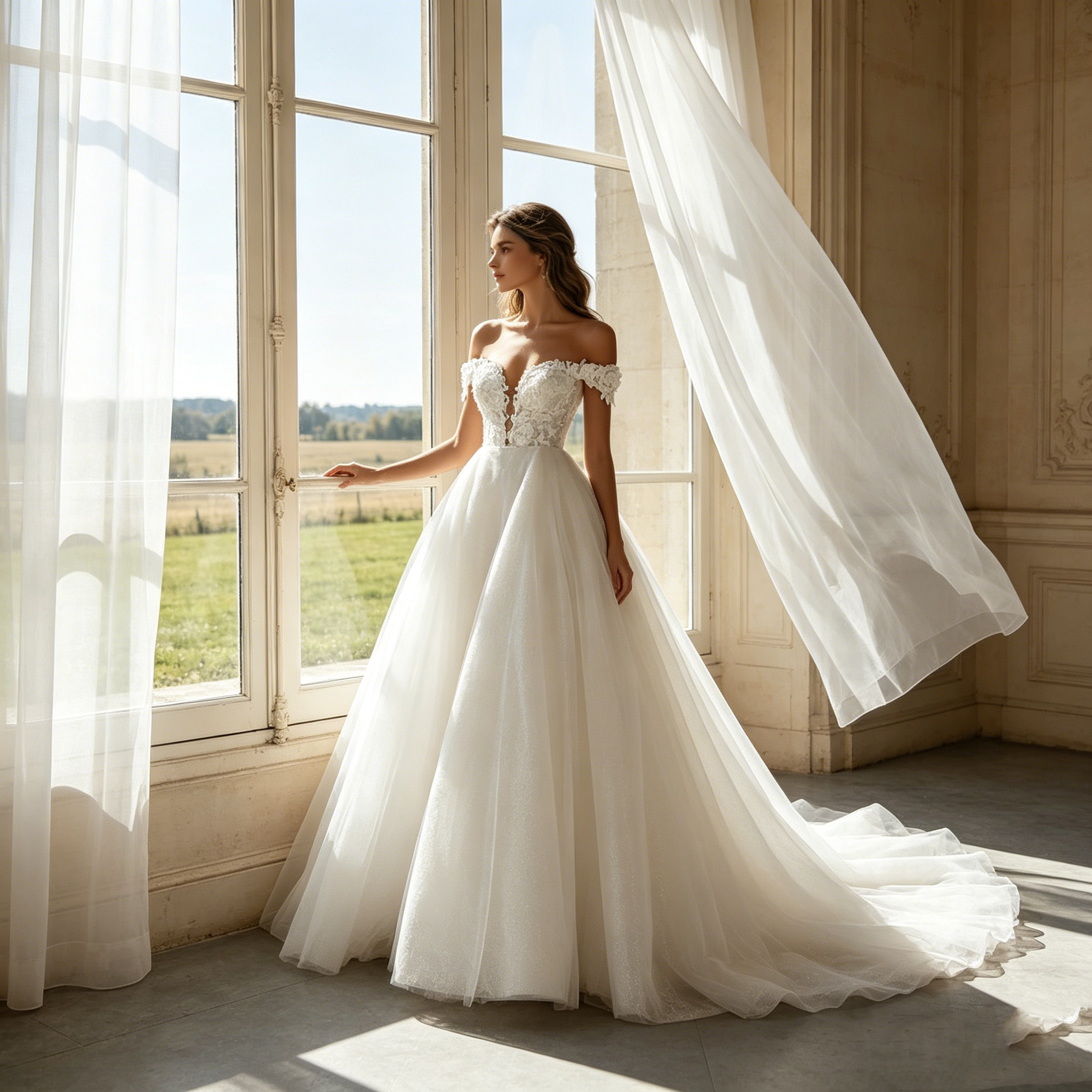 Exklusives Maxikleid in Elfenbein – Glamouröses A-Linien-Modell mit funkelnden Akzenten, schulterfreiem Design und kunstvollen Applikationen