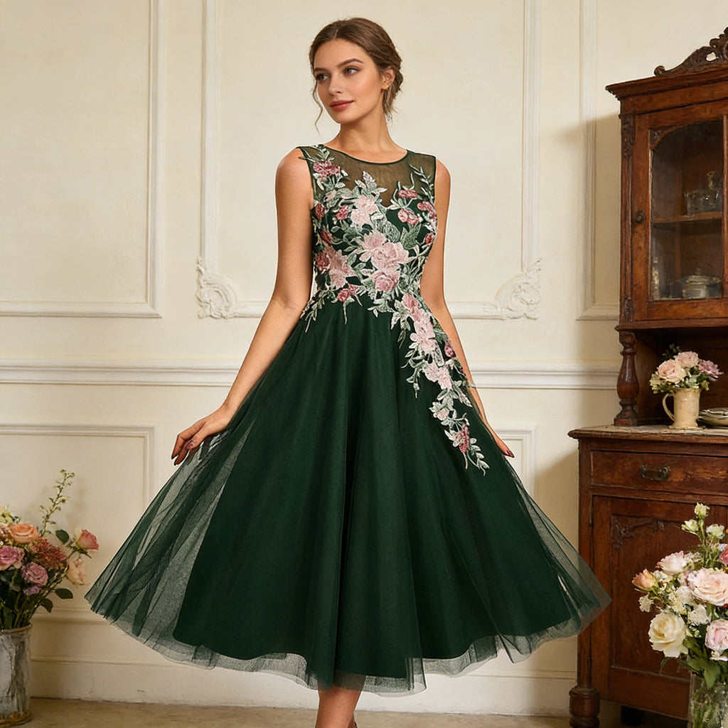 Traumhaftes Cocktailkleid Dunkelgrün mit floraler Stickerei und voluminösem Tüllrock