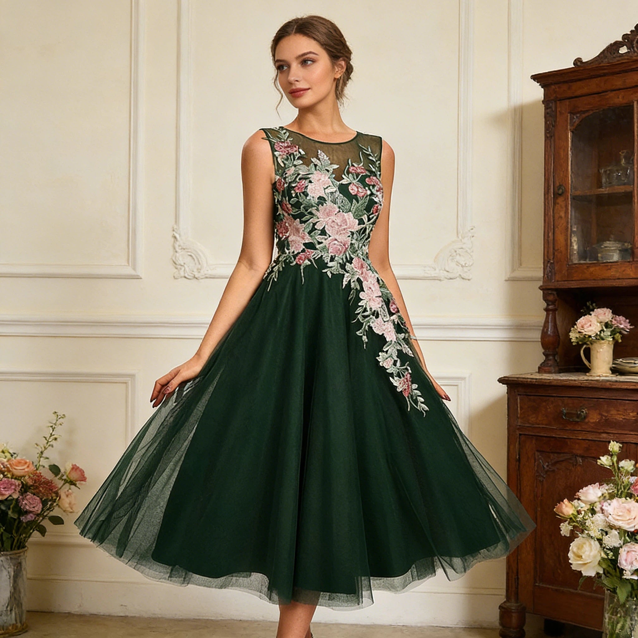 Traumhaftes Cocktailkleid Dunkelgrün mit floraler Stickerei und voluminösem Tüllrock