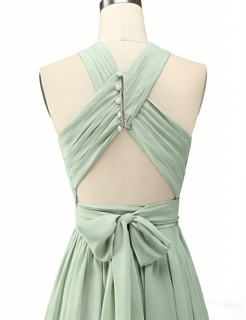 Elegantes Plissee-Maxikleid in Salbeigrün – A-Linie Chiffon- Neckholder und Schlitz