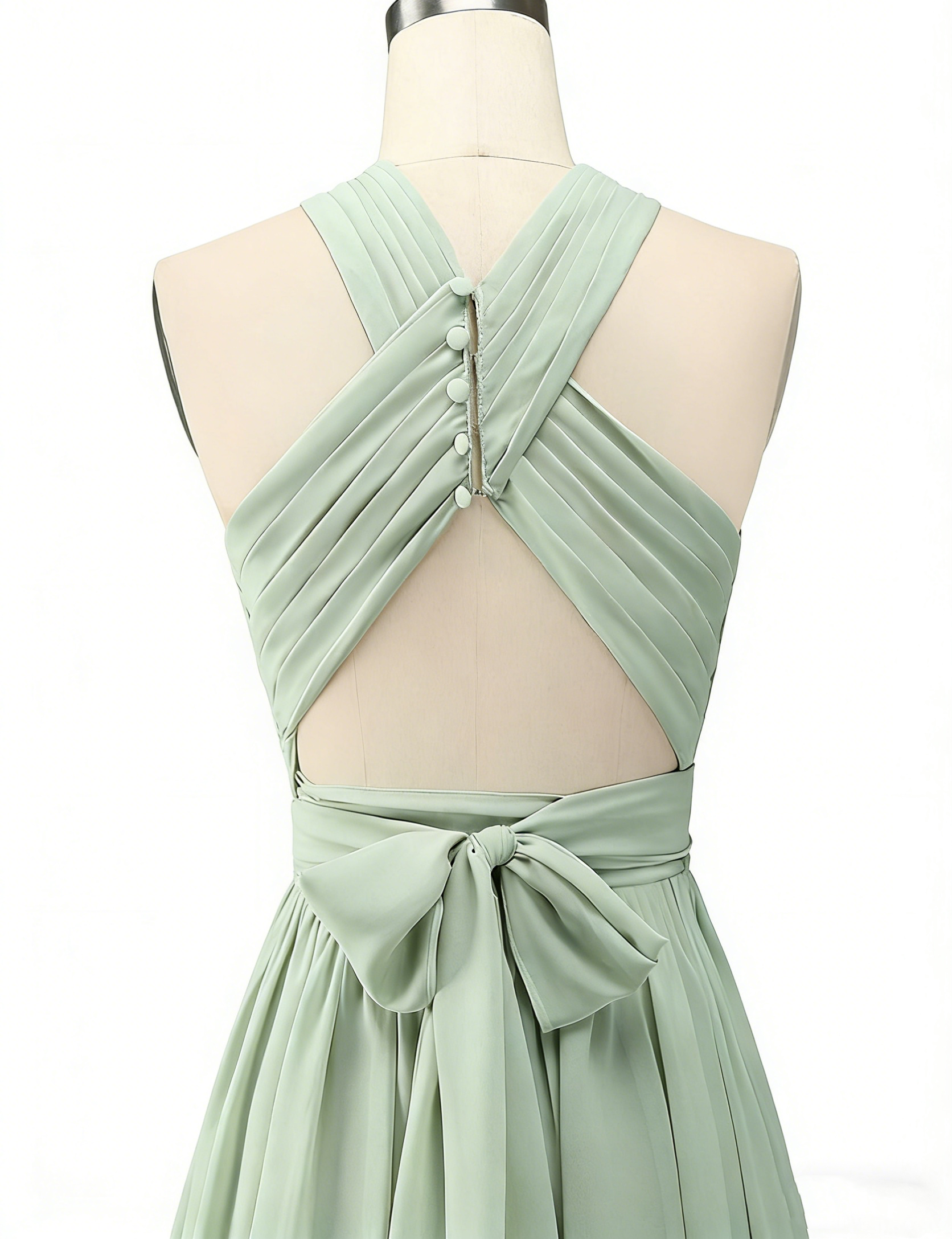 Elegantes Plissee-Maxikleid in Salbeigrün – A-Linie Chiffon- Neckholder und Schlitz