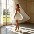 Elegantes Etuikleid in strahlendem Kurzes Weiß – A-Linien-Modell mit femininem Herzausschnitt und zartem Tüll-Finish